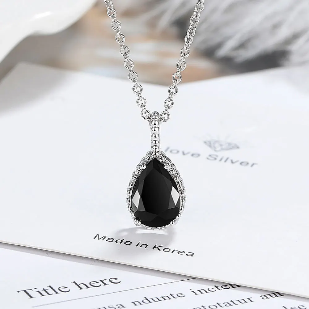 

Natural Black Gemstone 925 Sterling Silver Water Drop Pendant Necklace for Women Fashion Birthstone Jewelry Colar de Prata