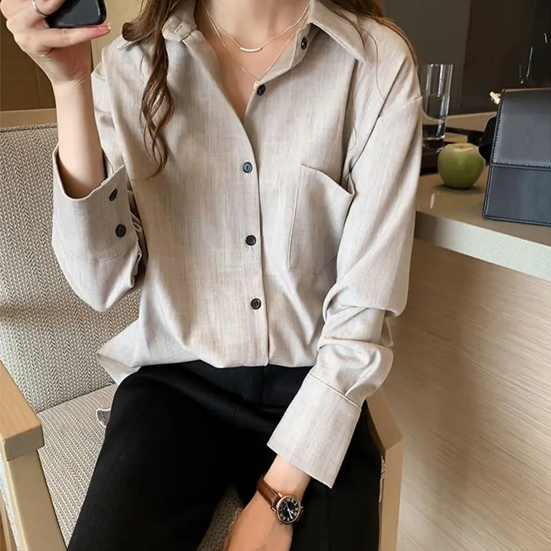 QWEEK Korean Style Office Shirts Solid Color Elegant Youthful Loose Basic Blouses for Women Long Sleeve Button Up Clothes Autumn