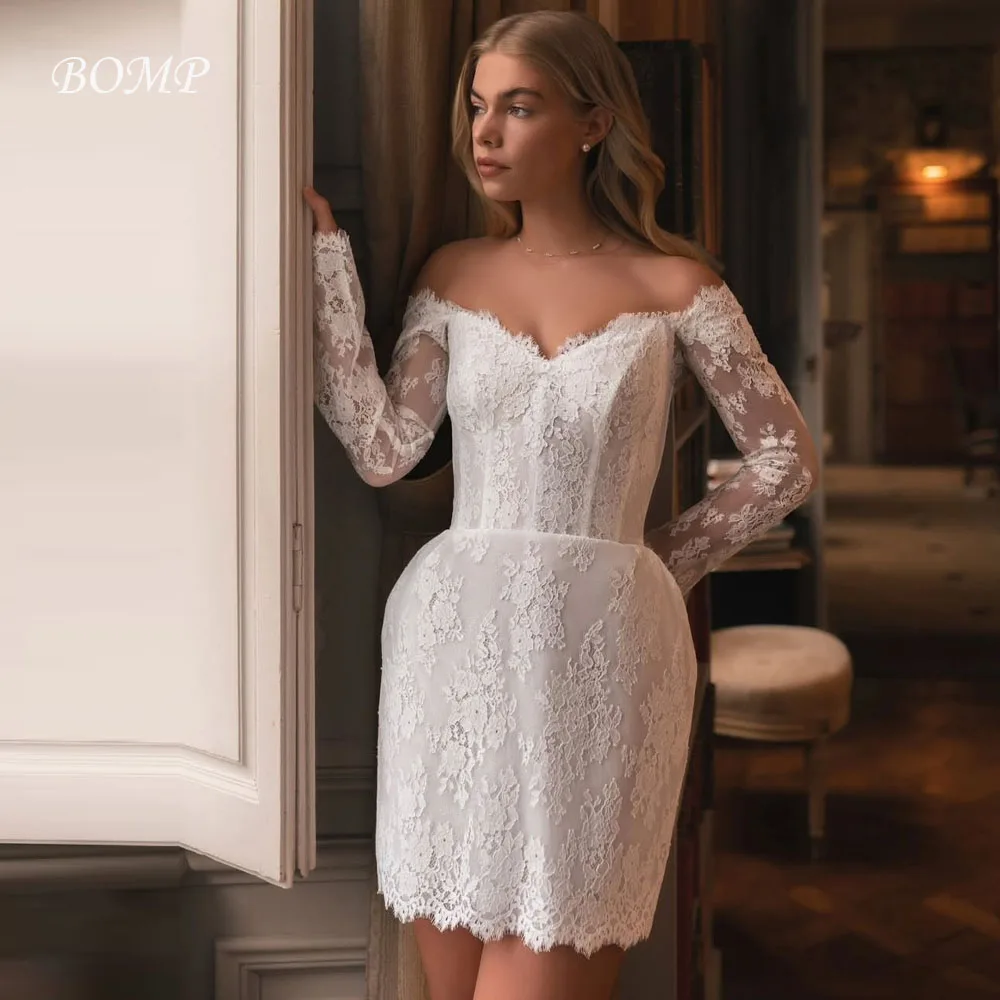 فساتين زفاف BOMP عتيقة قصيرة من الدانتيل على شكل حرف a وأكمام طويلة على شكل قلب بدون أكتاف فساتين العروس رشيقة Mariage مخصصة 2026