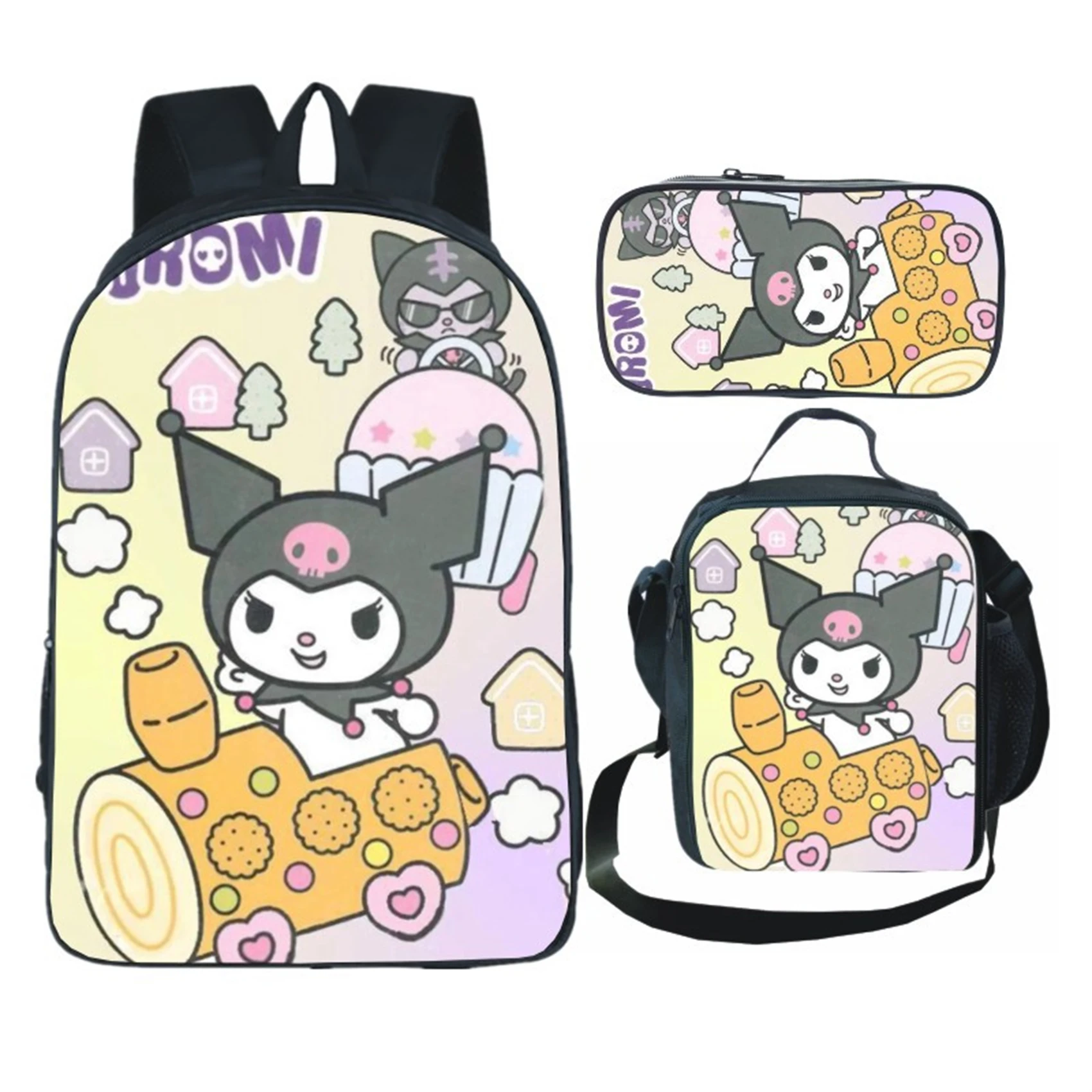 

3 in 1 Backapck Set-Elementary Children Kuromi Daily Knapsack+Insulated Lunch Tote+Pencil Box for School