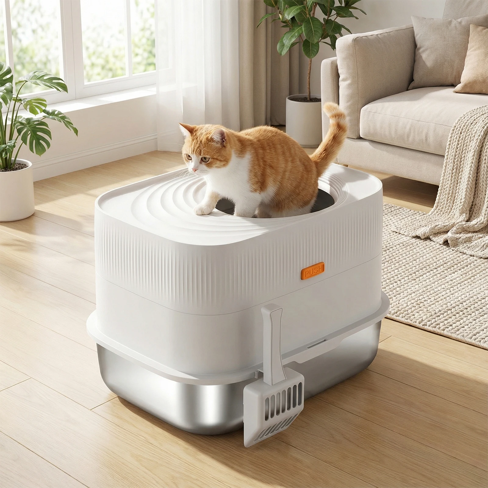 

Лоток для кошачьего туалета из нержавеющей стали с верхним входом, крышкой и совком, полностью закрытый металлический лоток-контейнер, поддон для наполнителя, зоотовары