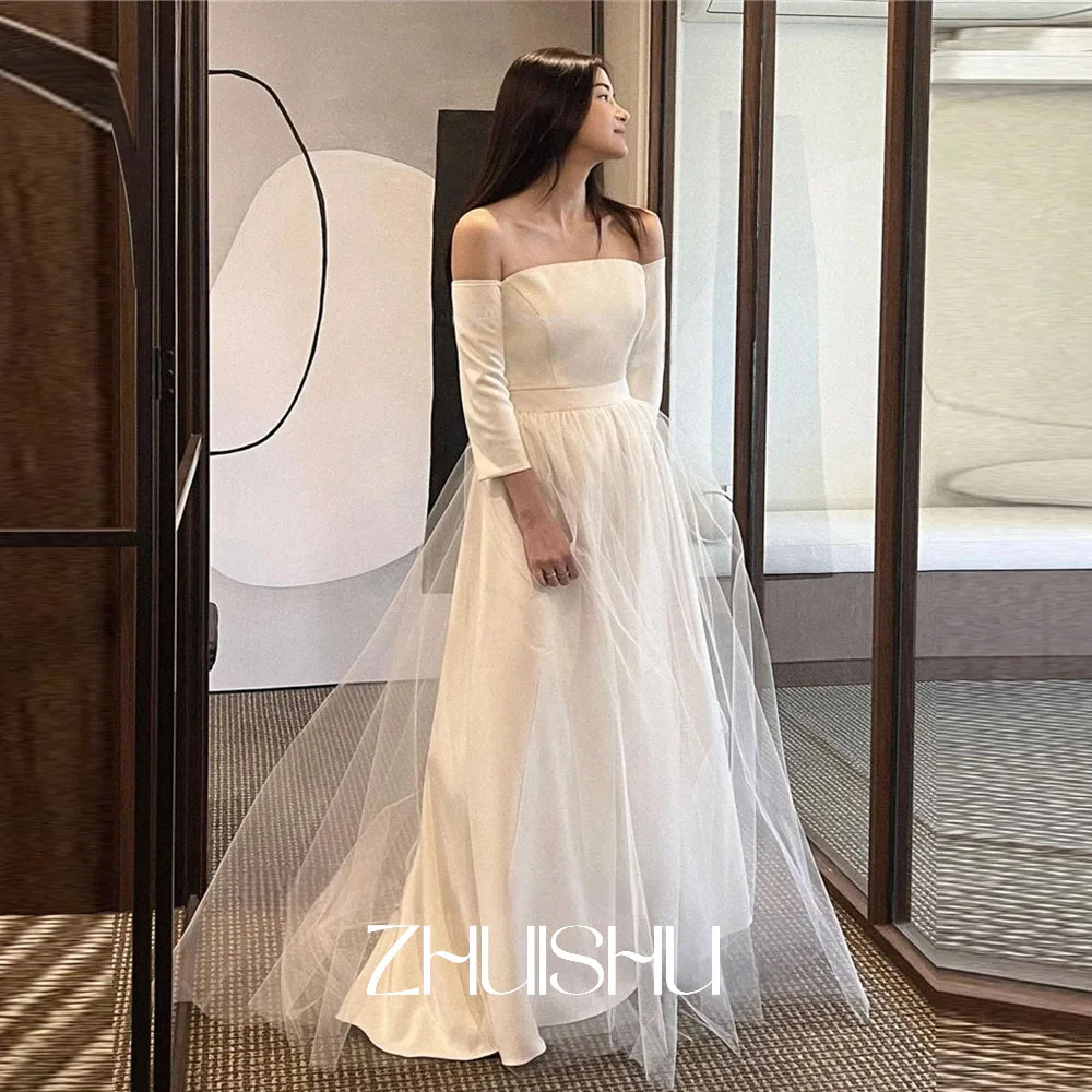 

ZHUISHU простые корейские свадебные платья трапециевидной формы с открытыми плечами и длинными рукавами, эластичные атласные свадебные платья, фотосессия по индивидуальному заказу
