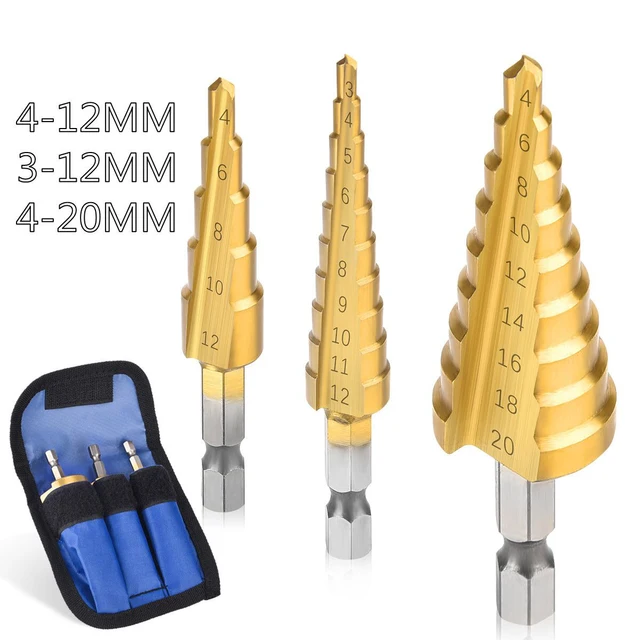 Wiertła stopniowe ze stali Hss z powłoką tytanową 3-12 mm 4-12 mm 4-20 mm Narzędzia do cięcia stożkowego ze stali, drewna i metalu Zestaw do wiercenia w metalu
