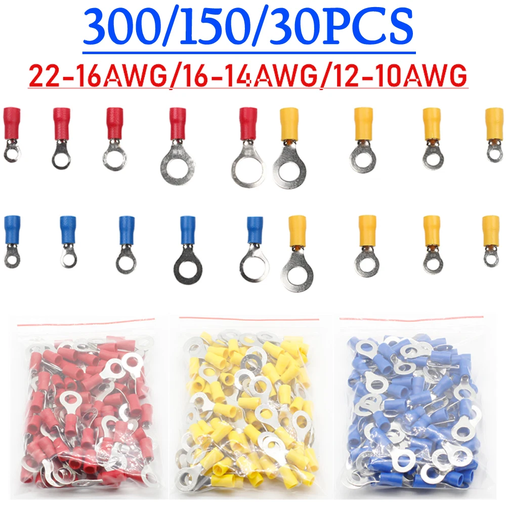 300/150/30PCS Ring Terminal Connector RV1.25 RV2 RV5.5 Ring Insulated Terminal Cable Wire Connector Electrical Crimp Terminal