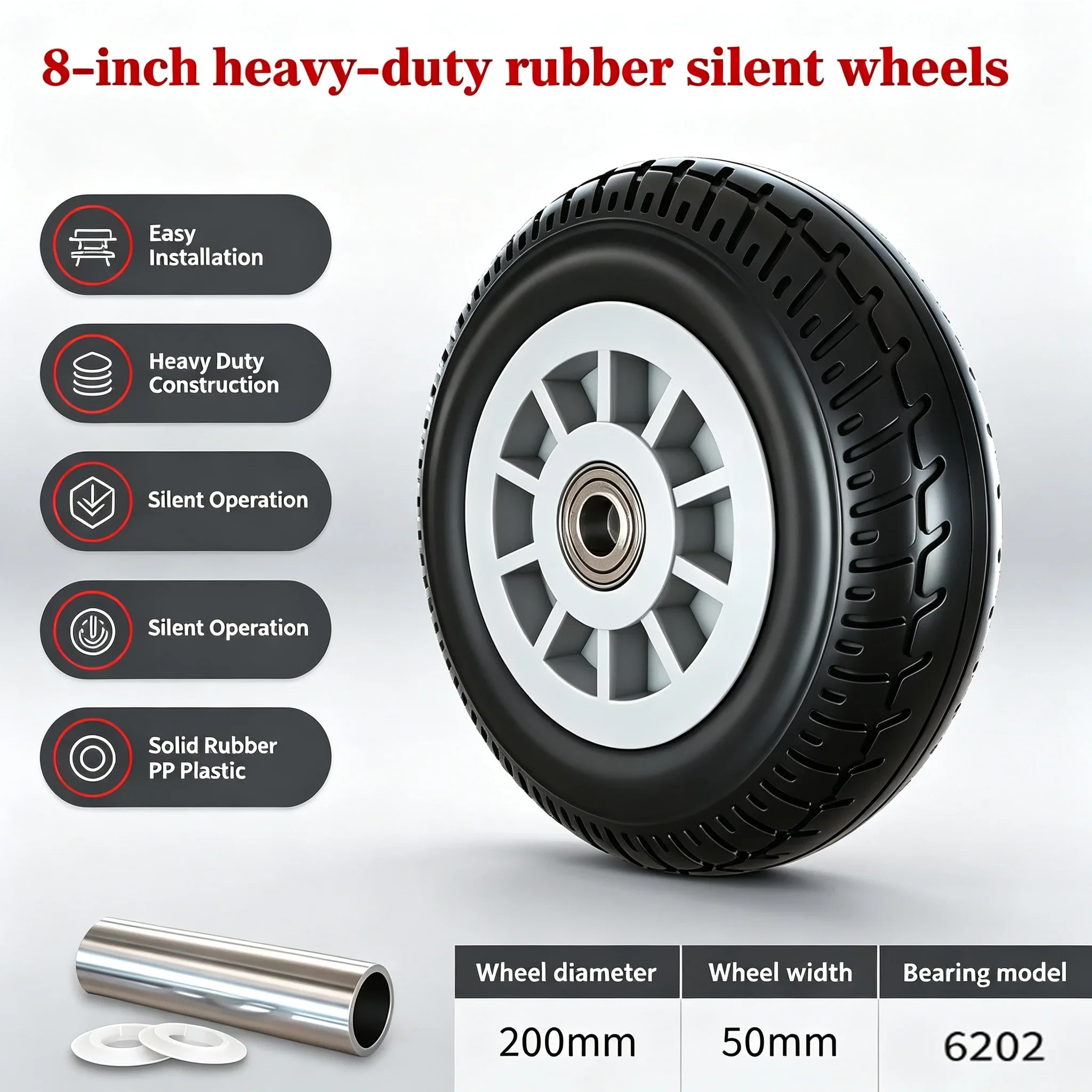 1 PCS 8 Inch Universal Wheel Heavy Duty Silent Solid Rubber PP Plastic Industrial Caster for Furniture And Equipment
