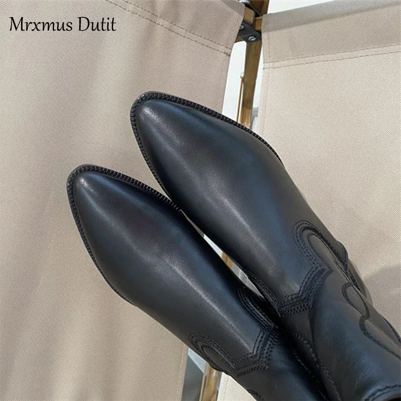 Mrxmus Dutit 2023 Autumn Winter Fashion New Women Genuine Leather Boots Rough Heel Pointed Head Simple Casual Vintage Female