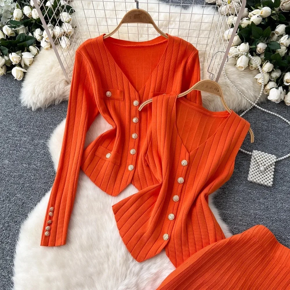 Chic Women Three-Piece Sets Metal Buckles Sleeveless Vest V-neck Cardigan High Waist Skirt Korean Basics Winter Knitted Clothing