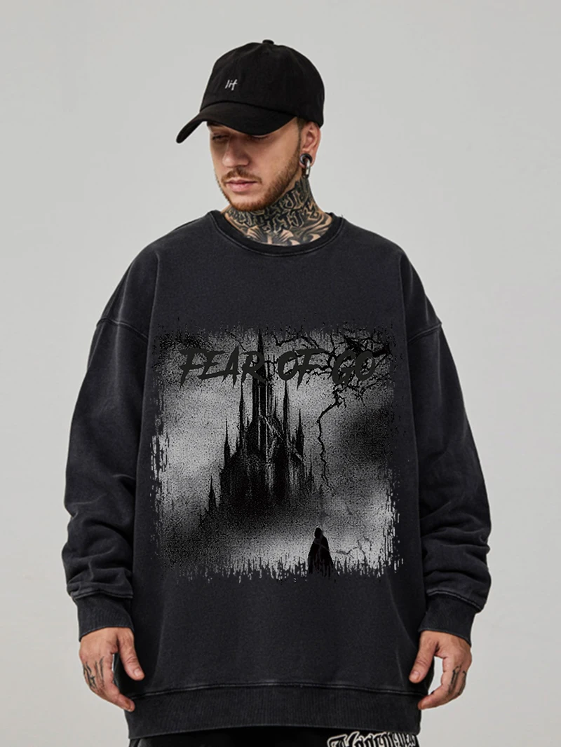 Cotton Women Washed Sweatshirt Castle Of Terror Graphic Prints Hoodie Vintage Oversize Warm Pullover Female Acid Wash Clothes