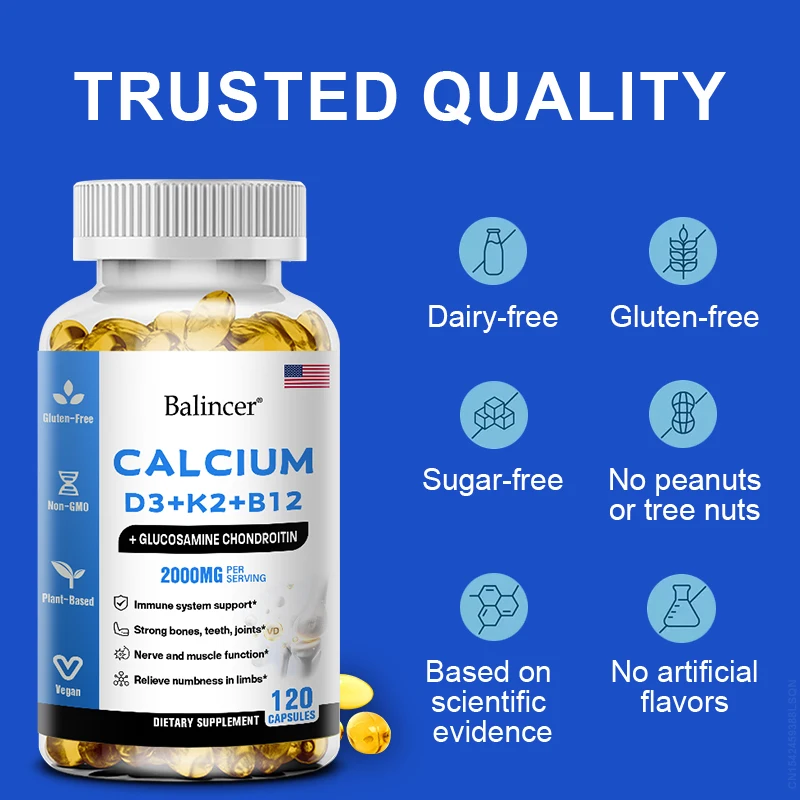 Calcium Vitamine D3 K2 Capsules Bevat B12 Vitamine Reguleert Calciummetabolisme Ondersteunt Botten Hart Immuniteit Gewrichten Spieren