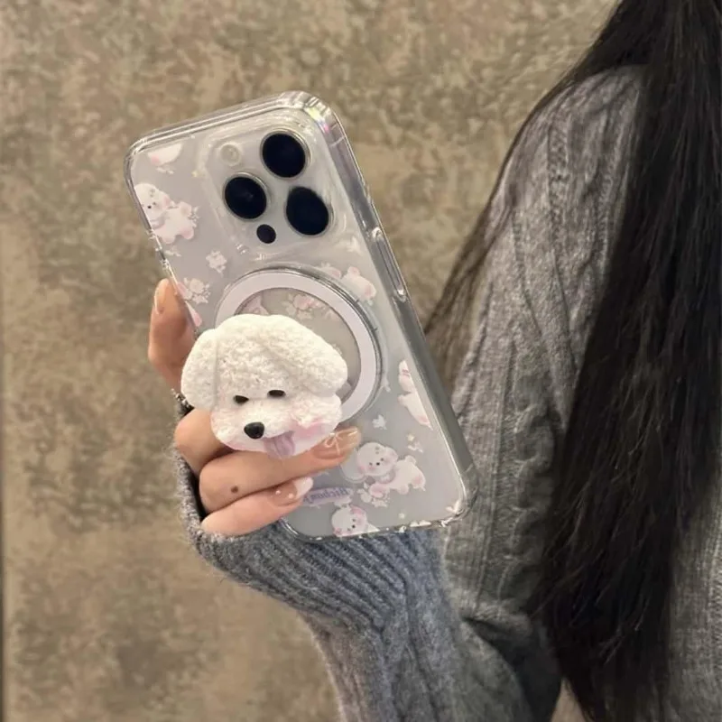 Korea Cute White Dog For Magsafe Magnetic Phone Grip Tok Griptok Stand For iPhone 17 Foldable Wireless Charging Case Holder Ring