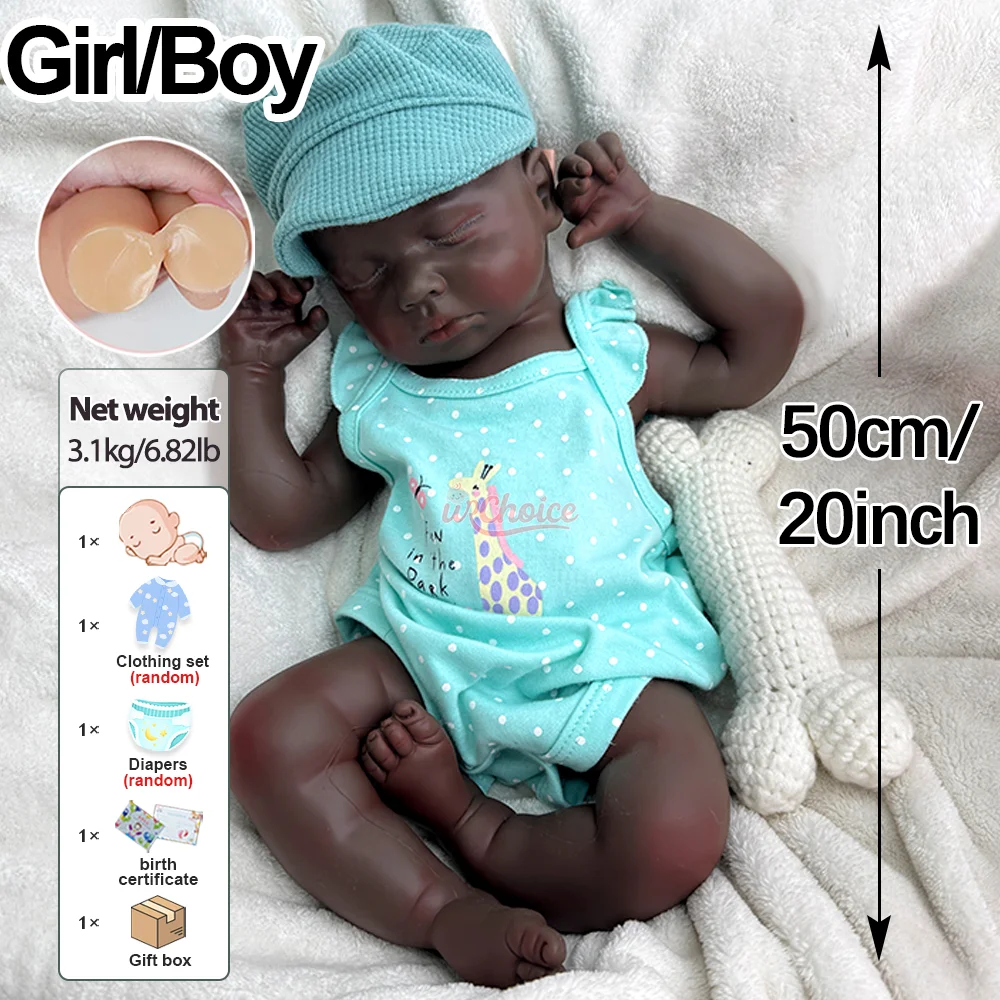 20" Realistic Silicone Reborn Baby Doll Black Reborn Baby Handmade Weighted Lifelike Newborn Collectible Gift Sleeping Doll