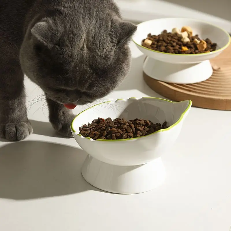 High Foot Oblique Mouth Cat Bowl Ceramic Water Pet Feeding Dish Protect The Cervical Spine From Being Easily Knocked Over