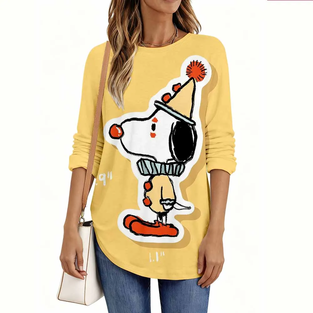 

Винтажная женская футболка с принтом Снупи, элегантная модная футболка с графическим принтом, футболки с длинными рукавами, обычные топы с круглым вырезом, пуловер, осень-зима