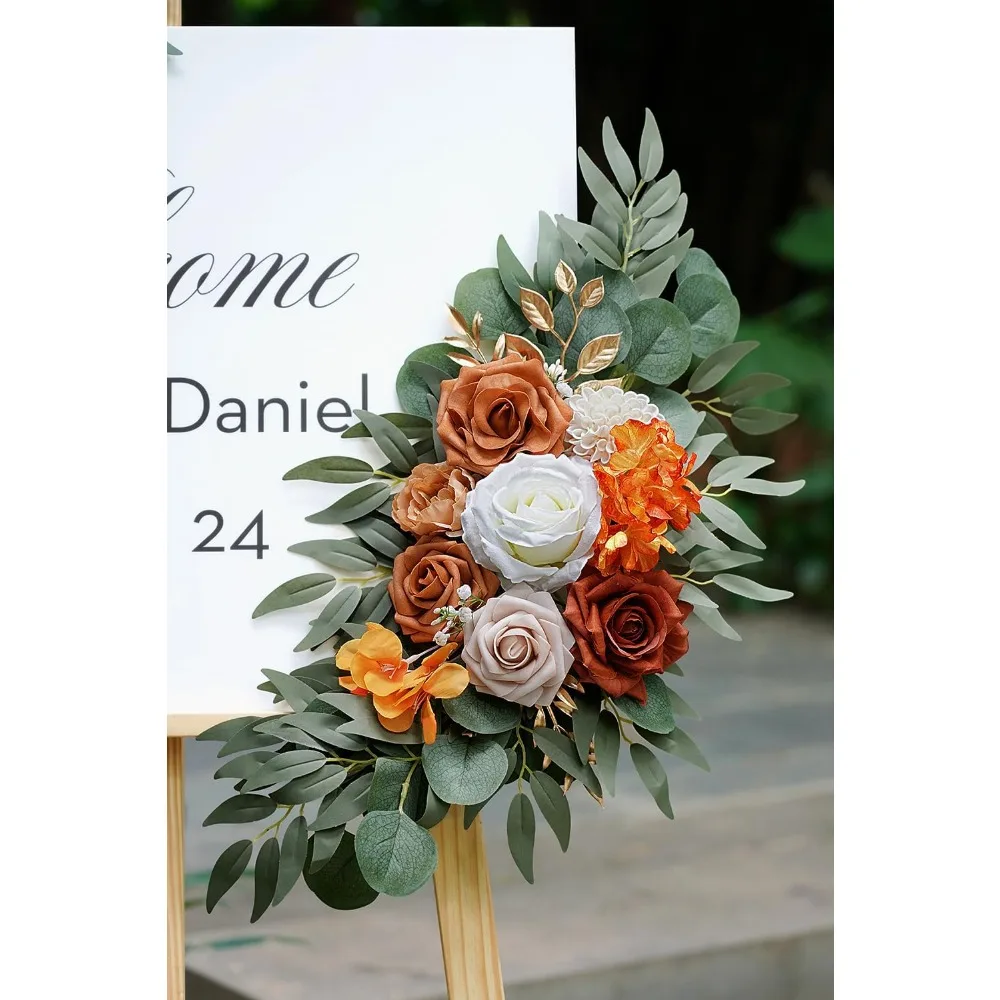مجموعة غنيمة على شكل زهرة صناعية مكونة من 2 علامات ترحيب لحفلات الزفاف وزخارف زهور قوس الزفاف البرتقالية المحروقة لحفلات الزفاف