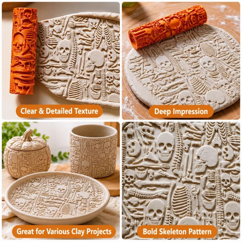 Skeleton Pattern Pottery Texture Roller Embossing Tool for Clay and Ceramics