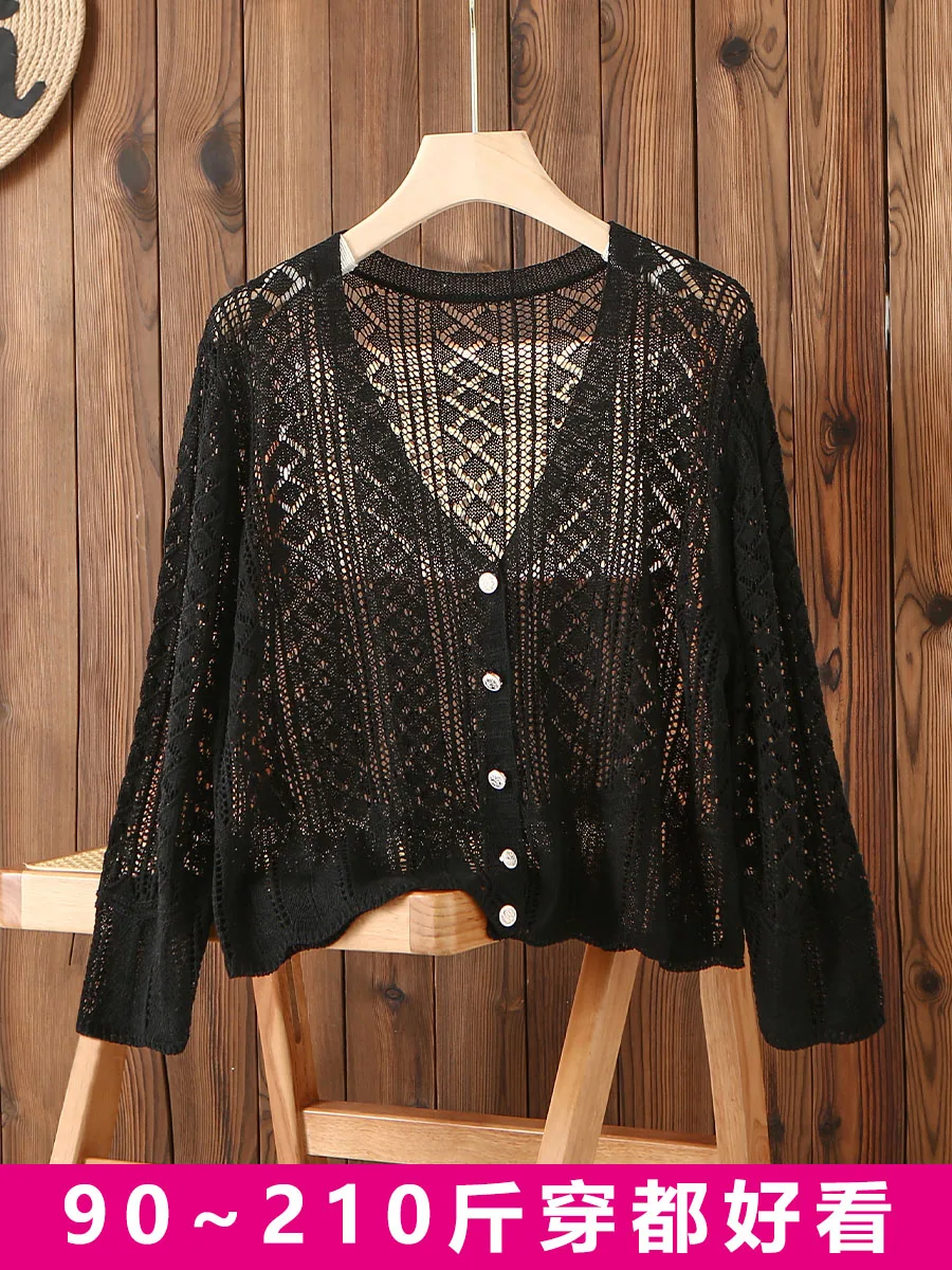 

High Quality Hollowed Out Ice Silk Knitted Cardigan for Women, Thin Summer Loose Long Sleeved Top, Stylish Short Style