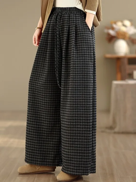 

Ретро-брюки из шерсти в клетку с широкими штанинами, большие размеры, женские, с эластичным поясом, повседневные, прямые, утягивающие, зимние брюки-трубы