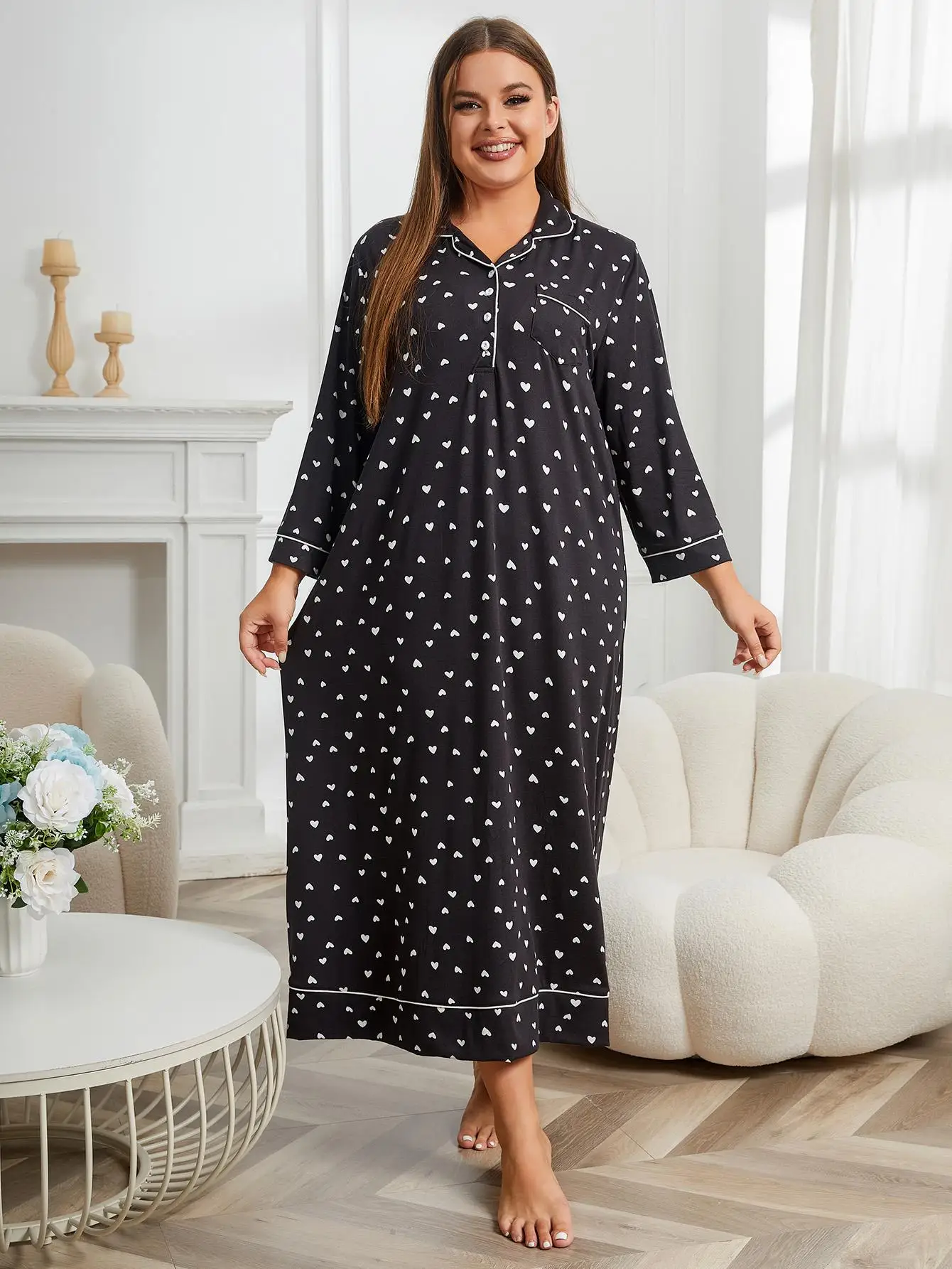 Plus Size Women Nightgown Notched Collar Female Sleepwear Dress Long Sleeve Fall Nightwear Front Button Homwear Clothing