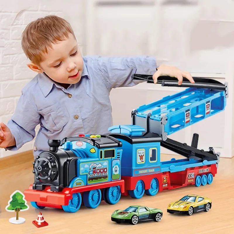 

Mega Hauler Truck With Ejection Race Track For Kids Alloy Trolley Three-layer Deformed Container Truck Transporter Toy Gifts