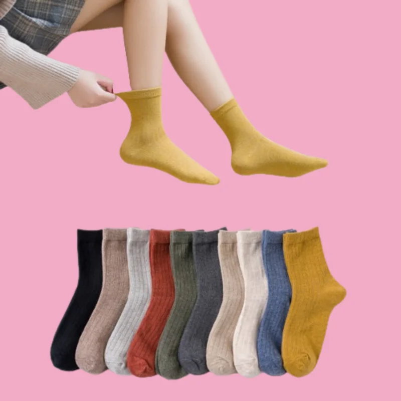 

10/20 Pairs Women's Comfort Cotton Socks Mid-tube Casual Socks Solid Color All-match Couple Vertical Striped Cotton Socks