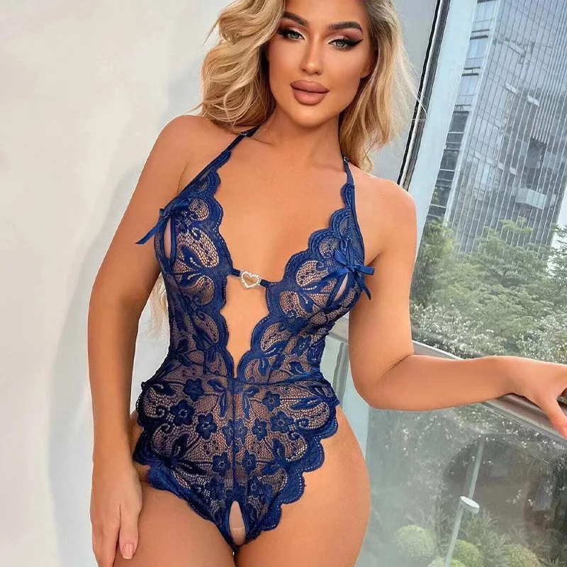 

Women Sexy Open Crotch Lingerie Bodysuit Lace Sleeveless Perspective Bra Sexy Deep V Neck Sleepwear Erotic Underwear Set