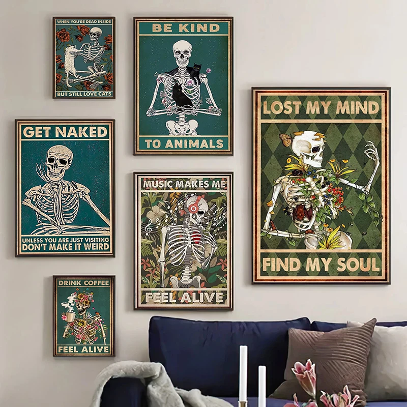 Retro Funny Skeleton Skull Poster And Print Canvas Painting Lose Your Mind Find Your Soul Slogan Wall Art Room Home Bar Decor