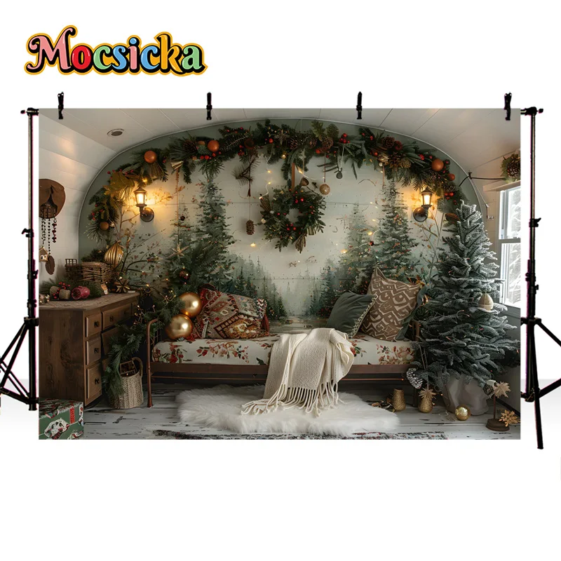 Mocsicka Winter Photography Background Christma Party Xmas Tree Caravan Snow Backdrop New Year\'s Eve Family Portrait Studio