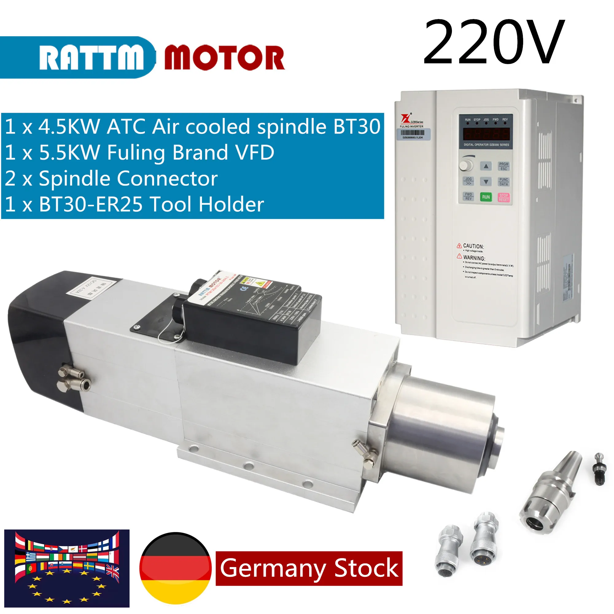 【CN/EU】Square Air Cooled ATC Spindle Motor 4.5KW 220V 380V BT30 Tool Holder CNC Router Kit Milling With 5.5KW Inverter VFD