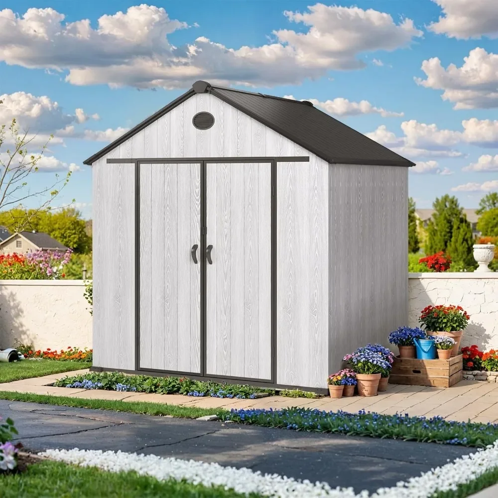 8x8FT Outdoor Storage Shed, Resin Sheds with Floor, Plastic Sheds with Floor for Garden Tool, Waterproof Outdoor Resin Shed