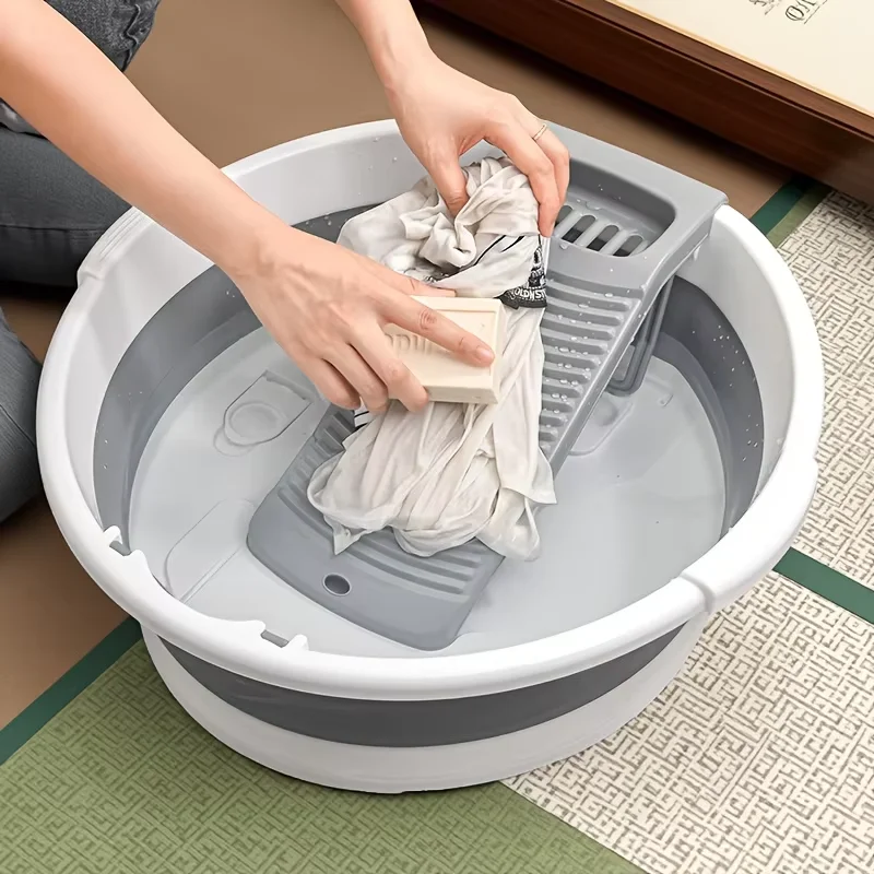 18 Inch Foldable Laundry Basin with Washboard Portable Plastic for Travel and Camping