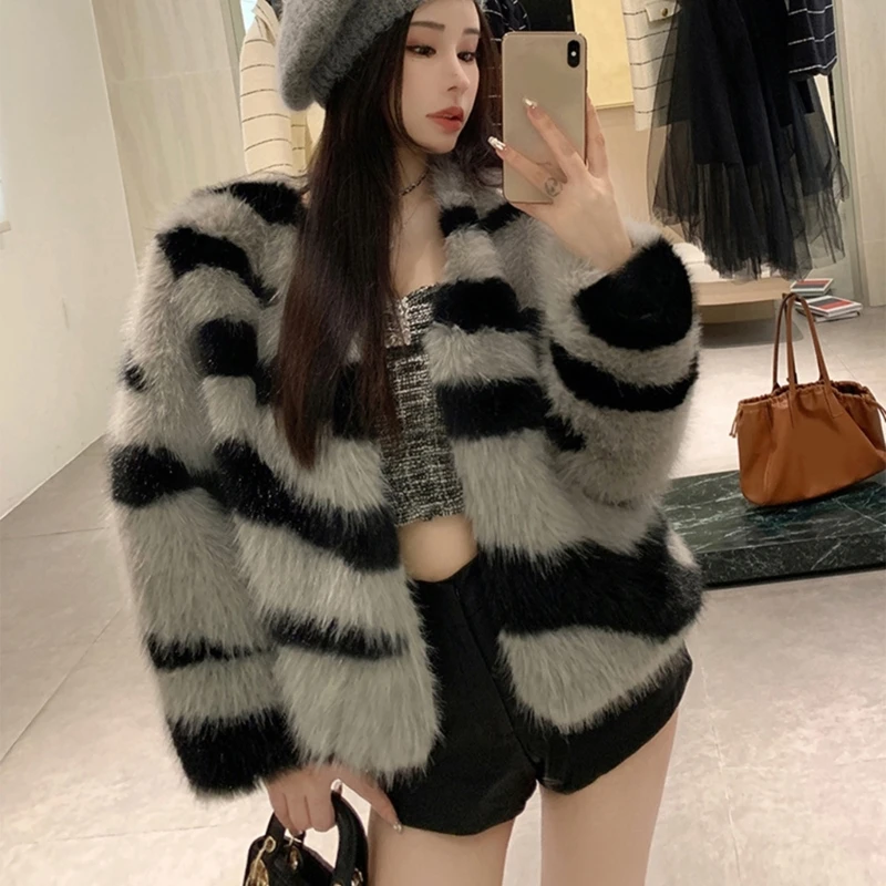 Women Shaggy Faux Furs Outwear Coat Long Sleeve Warm Winter Coat Outwear 066C