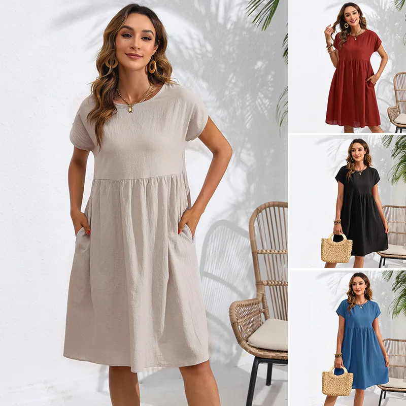 Europe and the United States fashion summer OL temperament cotton and linen round neck A-line skirt pocket dresses