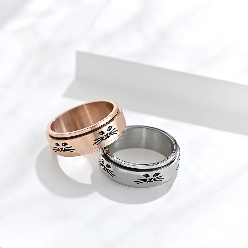 Hollow out cat Animal Stainless Steel Anti Stress Ring For Girl Anxiety Relief Spinning Knuckle Ring Fidget Metal Spinner Anillo