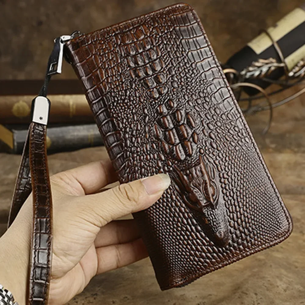 Men Long Wallet Clutch Handy Bag Fashion Crocodile Pattern Holder Credit Card Pocket Genuine Leather Money Bags Purse