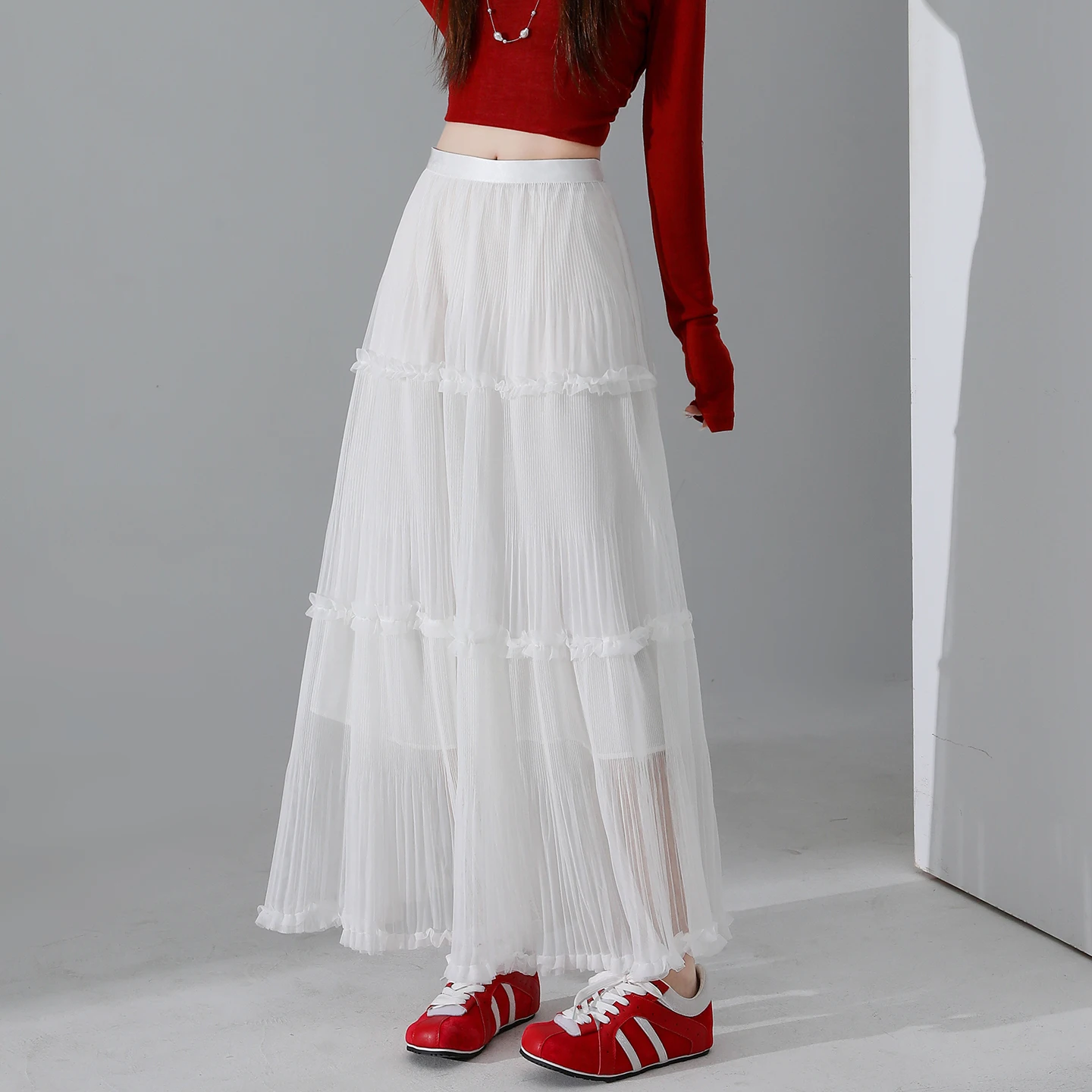 Pleated Skirt Women Spring Summer A Line Gauze Sweet Princess Fluffy Cake Long Skirt