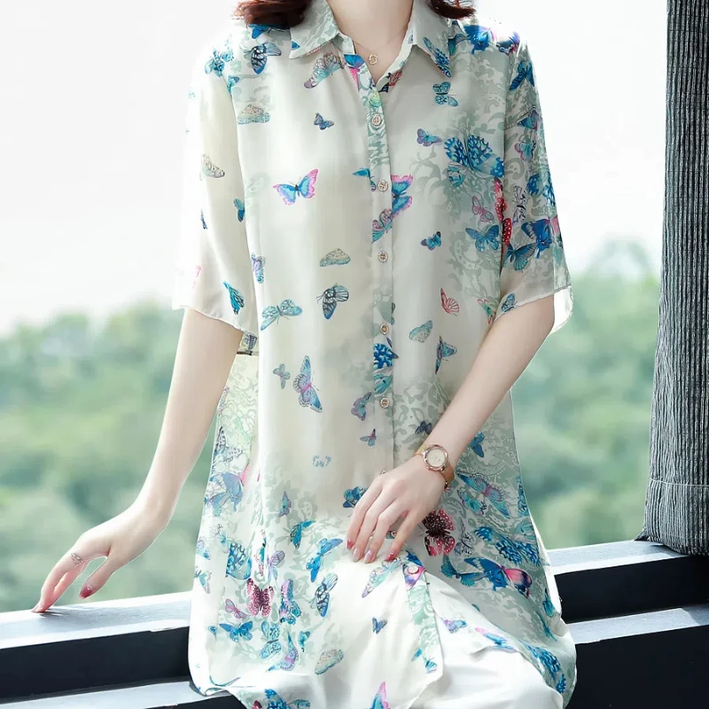 Temperament Fashion Summer New Women\'s POLO Collar Printing Single Breasted Casual Loose Mid-length 3/4 Sleeve Chiffon Shirt Top