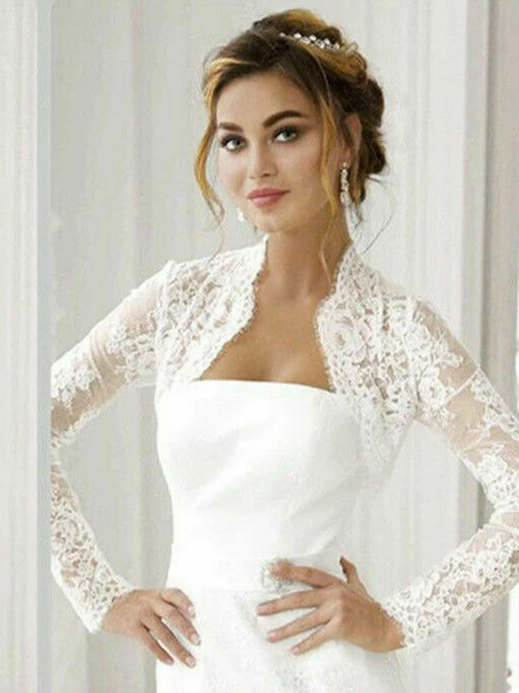 Casamento bolero manga longa jaquetas de noiva rendas topo branco marfim envolve noiva jaqueta