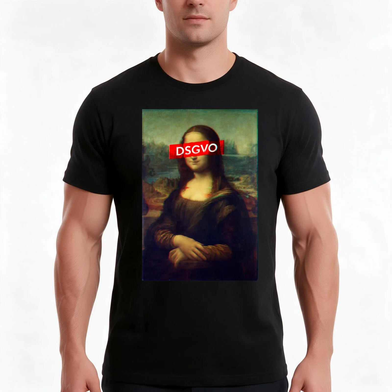 Glitch Art - Mona Lisa Basic Data Protection Regulation T-Shirt, Summer Casual Cotton Tee, Oversized Streetwear Tops
