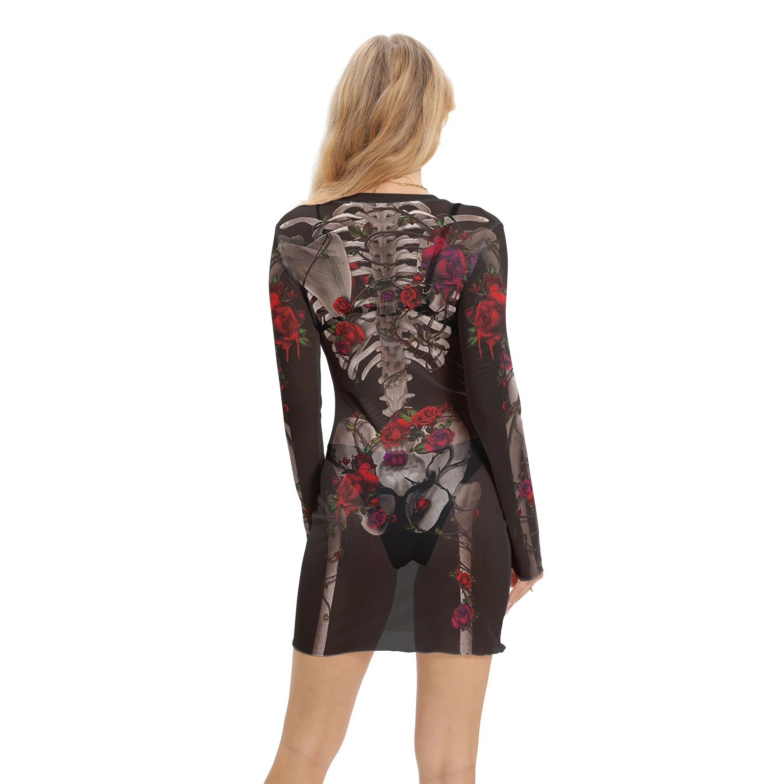 Vestido Visual de malla con estampado 3D de calavera para mujer, disfraz de Cosplay, vestido de fiesta, vestido Sexy para vacaciones de Carnaval y Halloween