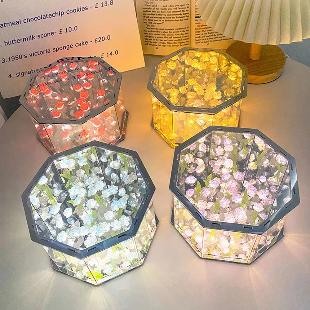 DIY Tulip Night Light Led Decorative Night Lamp Magic Cube Table Lamp and Mirror 2 in 1 for Birthday Gifts and Christmas Present