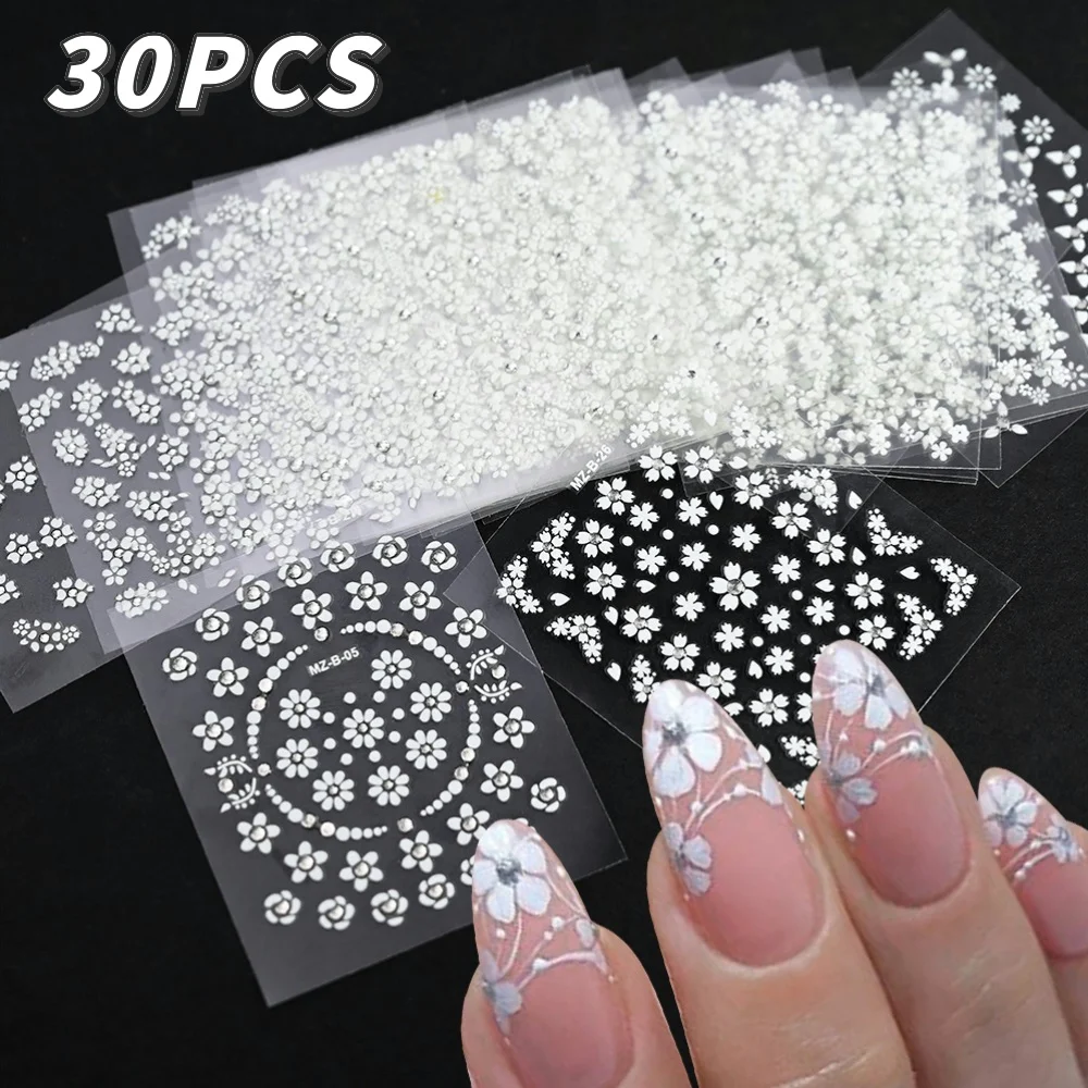 30PCS Mini White Flower Nail Stickers Y2K Nail Art Decoration 3D Cute Flowers Stickers For Nails Korean Nail Art Manicure Decors