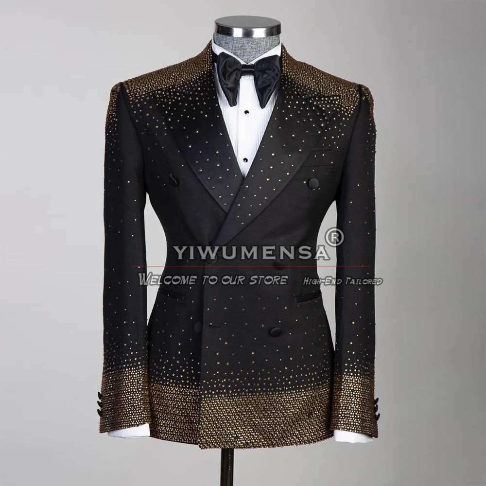 Gold Beaded Wedding Suits For Men Double Breasted Jacket Pants 2 Pieces Formal Man Party Banquet Prom Blazer Male Customized