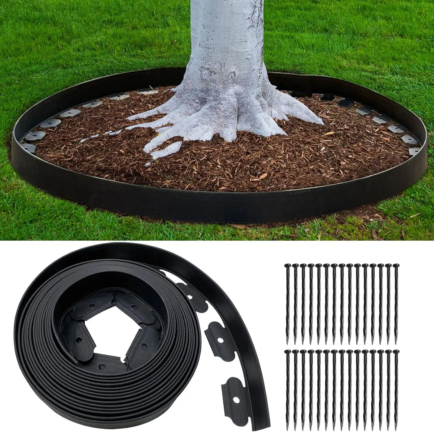 

33FT Landscape Edging, 4IN Tall Garden Border with 50 Spikes, Tool-Free Flexible Plastic Kit for Flower Beds and Pathways