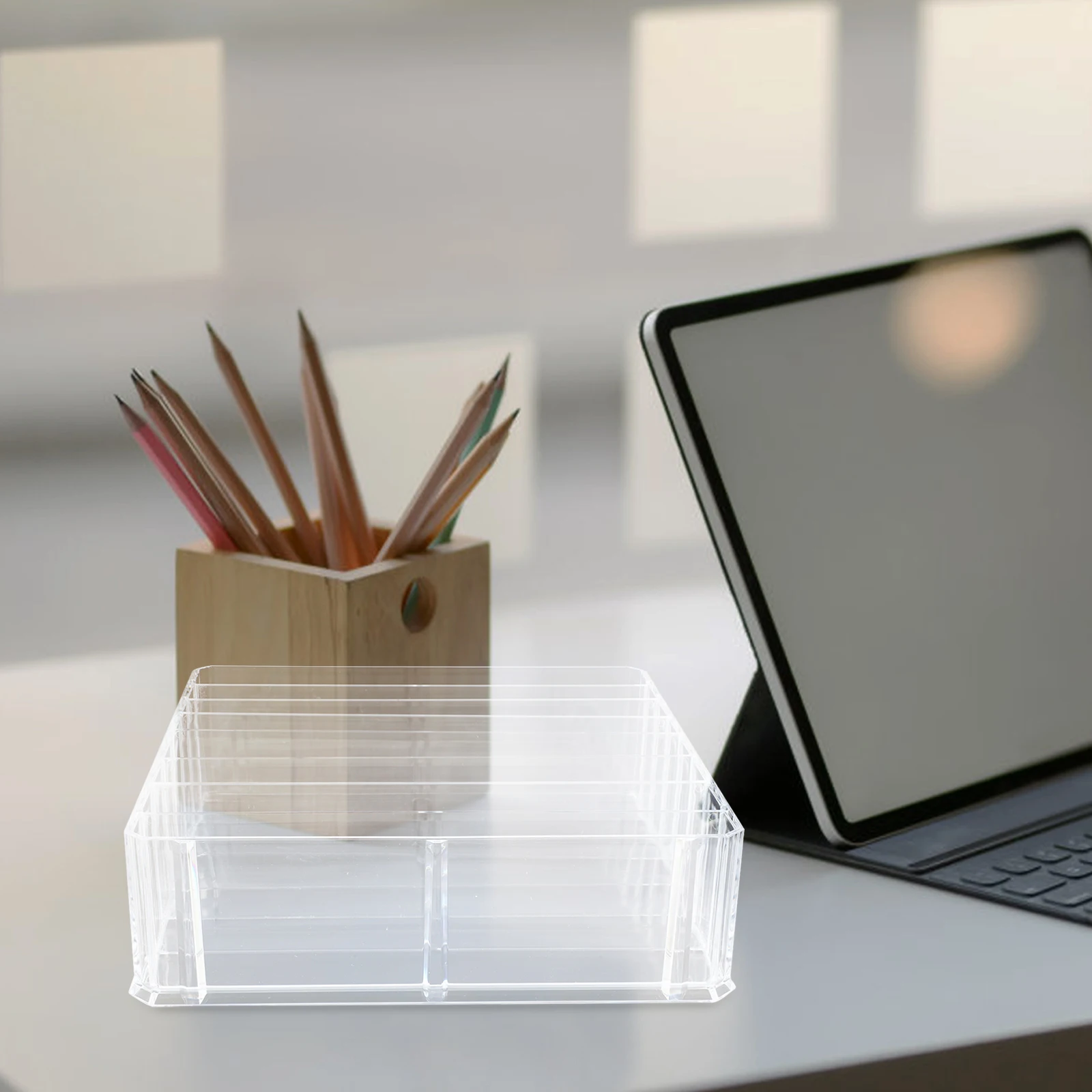 Acrylic Cash Storage Box 8 Compartment Money Tray for Bills Checks Cards Large Desktop Holder Removable Dividers
