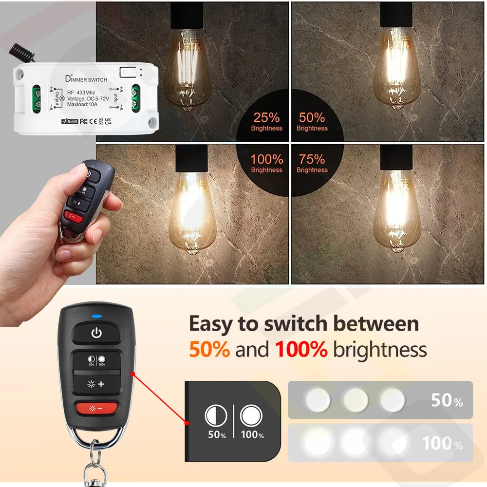 Tedeligo 433MHz DC 6V 12V 24V 72V Smart Dimmer Switch luminosità della luce modulo Controller regolabile lampadina a LED interruttore dimmerabile