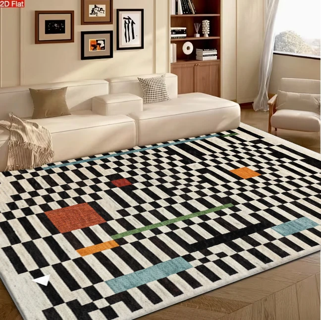 Abstract Geometric Black White Checkerboard with Color Blocks Carpet Flooring for Living Room Modern Art Style Non Slip Floor Mat