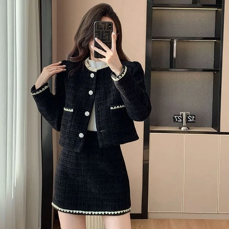 

Insozkdg Winter Fragrance Lace Stitched Tweed Suit Skirt Sets Black Round Neck Woolen Blazers Slim Fit Skirt Two-piece Set Women