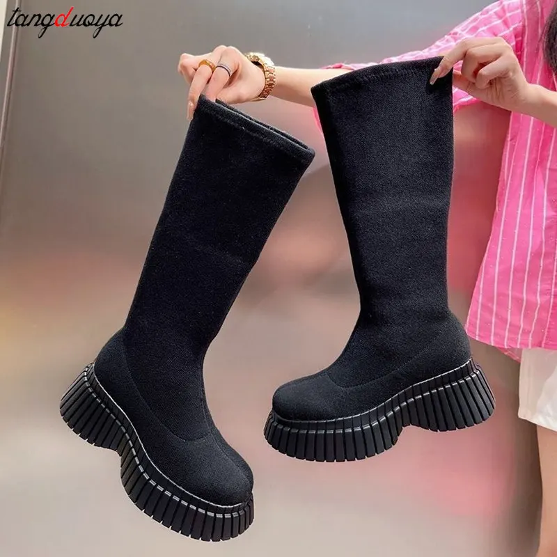 Autumn Winter Women Boots 2024 New Platform Women\'s High Rise Long Boot Comfortable Wedge Ladies Knee Boots Casual Pink Boots