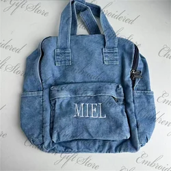 Kişiselleştirilmiş adı Denim keten sırt çantası özel işlemeli adı büyük kapasiteli Schoolbag erkek kız doğum günü hediyesi seyahat çantası