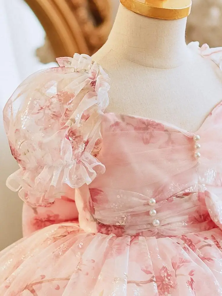 Robe de Princesse Personnalisée à Col Carré et Manches Bouffantes pour ixd'Anniversaire, Tenue de Bal à Plusieurs Niveaux avec Nministériels d Imprimé Floral pour Enfant